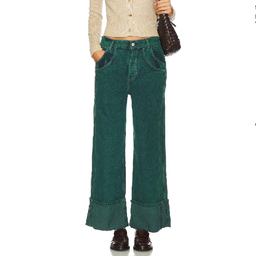 NWOT FREE PEOPLE WE THE FREE WOMENS FINAL COUNTDOWN CUFFED JEANS LUKE GREEN DYE - Picture 2 of 7
